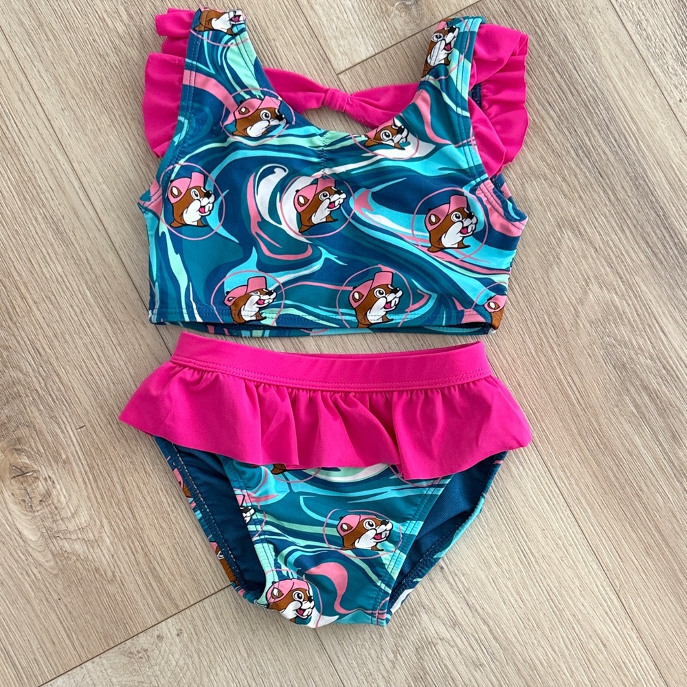 Buc-ees Kids Two Piece Swimsuit with Pink and Blue Beaver Design